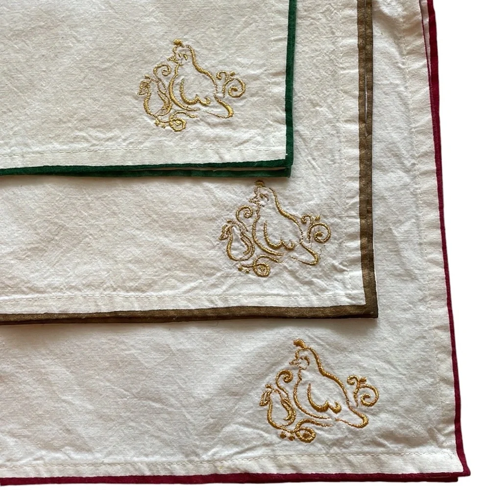 CHRISTMAS VINTAGE PIER 1 Cream Cocktail Napkins S/6 Partridge Gold Embroidered